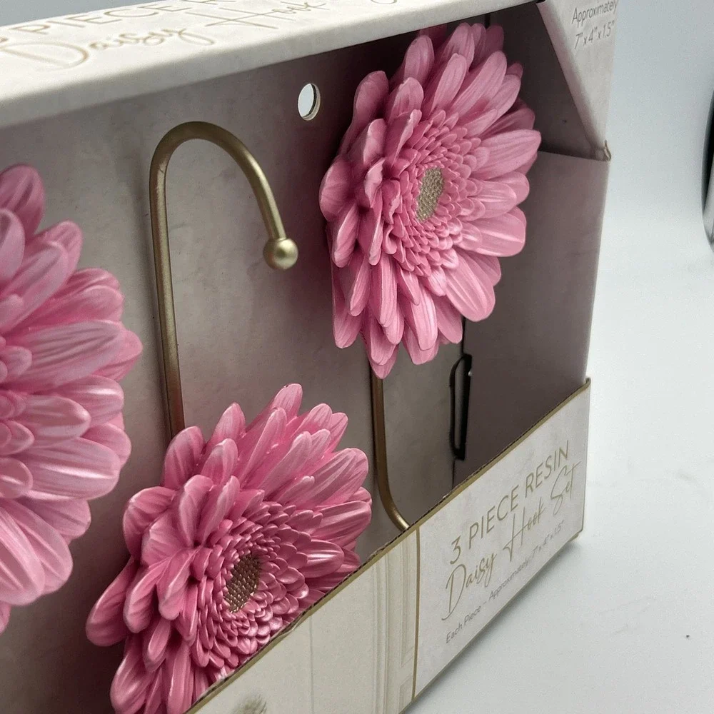 Pink Floral Daisy Wall Hooks Pink Set Of 3 Gold Hooks 7x4